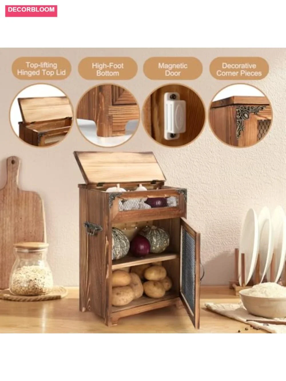 Wood Potato Onion Storage Bin Kitchen Countertop Vegetable Holder